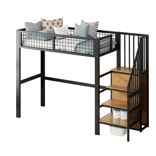 Cama alta 90*200 - Com escada, cama infantil com estrutura de ferro e prateleira de arrumação - Preto