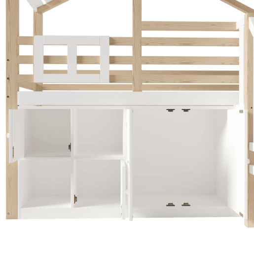 Cama loft 90x200 cm - Em forma de casa, barreira de cama, vários compartimentos, escada de arrumação, janela - Branco + Natural