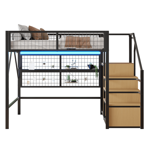Cama alta metálica 140*200 - Com luz LED controlada por APP, escadas com arrumação e armário aberto - Preto Cama alta metálica 140*200 - Com luz LED controlada por APP, escadas com arrumação e armário aberto - Preto