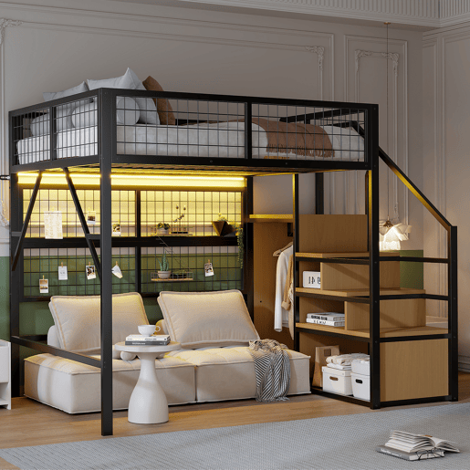 Cama alta metálica 140*200 - Com luz LED controlada por APP, escadas com arrumação e armário aberto - Preto Cama alta metálica 140*200 - Com luz LED controlada por APP, escadas com arrumação e armário aberto - Preto