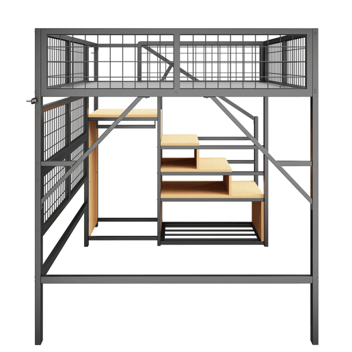 Cama alta metálica 140*200 - Com luz LED controlada por APP, escadas com arrumação e armário aberto - Preto Cama alta metálica 140*200 - Com luz LED controlada por APP, escadas com arrumação e armário aberto - Preto