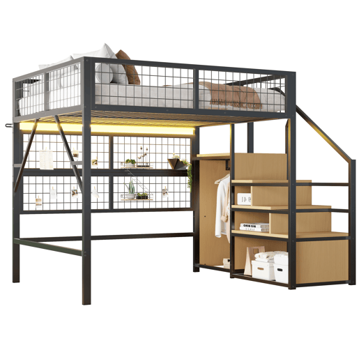 Cama alta metálica 140*200 - Com luz LED controlada por APP, escadas com arrumação e armário aberto - Preto Cama alta metálica 140*200 - Com luz LED controlada por APP, escadas com arrumação e armário aberto - Preto