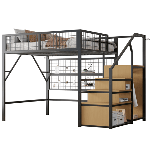 Cama alta metálica 140*200 - Com luz LED controlada por APP, escadas com arrumação e armário aberto - Preto Cama alta metálica 140*200 - Com luz LED controlada por APP, escadas com arrumação e armário aberto - Preto