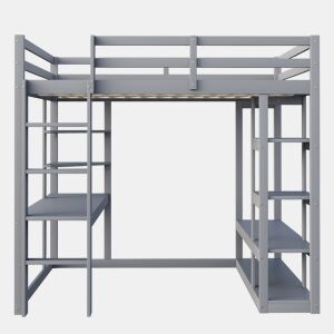 Cama alta 140*200 cm - Com mesa e prateleiras, com ganchos e compartimentos, laminada - Cinza