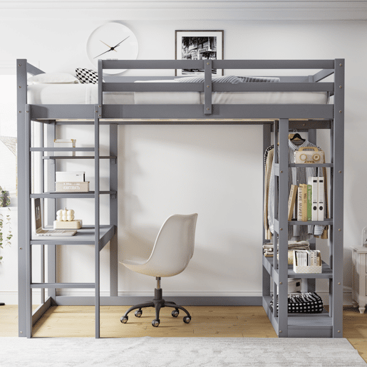 Cama alta 140*200 cm - Com mesa e prateleiras, com ganchos e compartimentos, laminada - Cinza