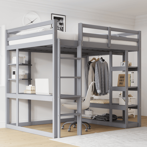 Cama alta 140*200 cm - Com mesa e prateleiras, com ganchos e compartimentos, laminada - Cinza