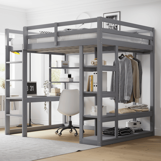 Cama alta 140*200 cm - Com mesa e prateleiras, com ganchos e compartimentos, laminada - Cinza