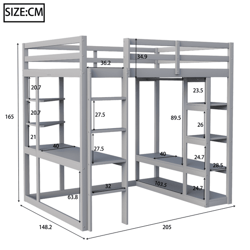 Cama alta 140*200 cm - Com mesa e prateleiras, com ganchos e compartimentos, laminada - Cinza