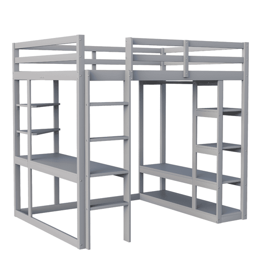 Cama alta 140*200 cm - Com mesa e prateleiras, com ganchos e compartimentos, laminada - Cinza