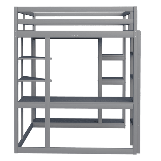 Cama alta 140*200 cm - Com mesa e prateleiras, com ganchos e compartimentos, laminada - Cinza