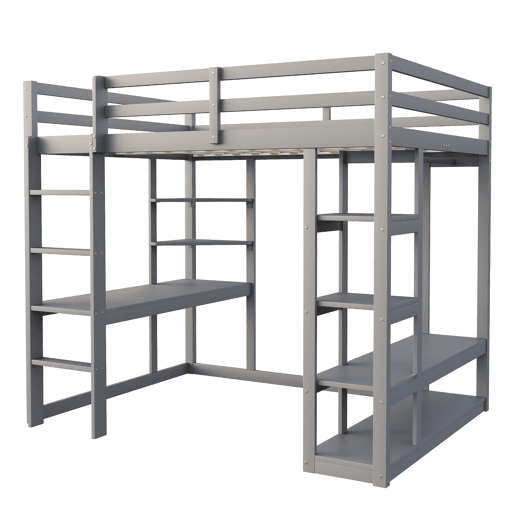 Cama alta 140*200 cm - Com mesa e prateleiras, com ganchos e compartimentos, laminada - Cinza