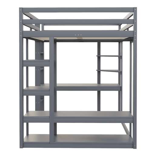 Cama alta 140*200 cm - Com mesa e prateleiras, com ganchos e compartimentos, laminada - Cinza