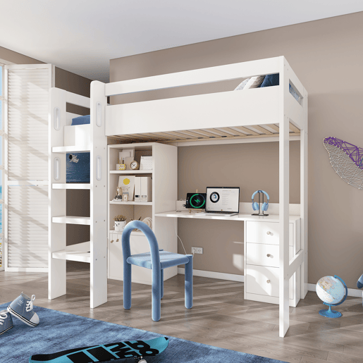 Cama infantil loft 90x200 - com secretária USB-C, armário, gaveteiro, escada, estrado e arrumação - sem colchão Cama infantil loft 90x200 - com secretária USB-C, armário, gaveteiro, escada, estrado e arrumação - sem colchão