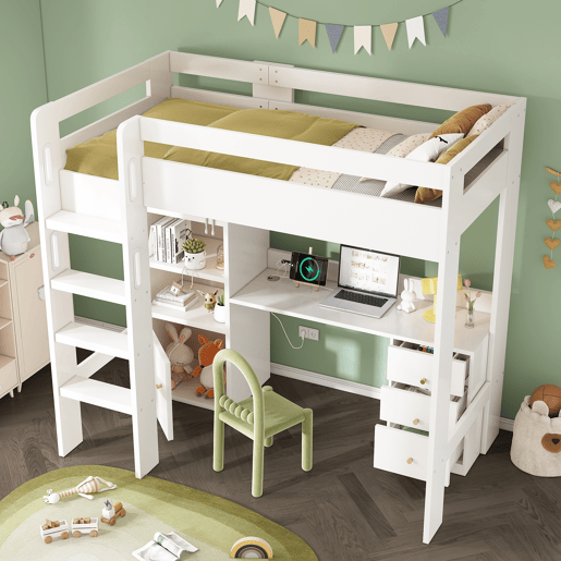 Cama infantil loft 90x200 - com secretária USB-C, armário, gaveteiro, escada, estrado e arrumação - sem colchão Cama infantil loft 90x200 - com secretária USB-C, armário, gaveteiro, escada, estrado e arrumação - sem colchão
