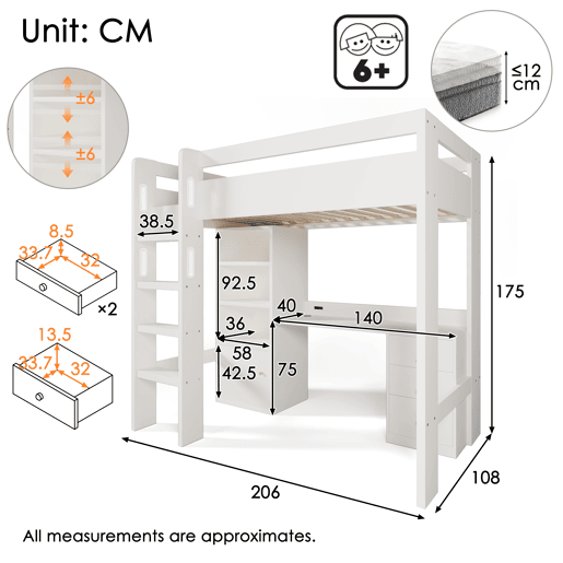 Cama infantil loft 90x200 - com secretária USB-C, armário, gaveteiro, escada, estrado e arrumação - sem colchão Cama infantil loft 90x200 - com secretária USB-C, armário, gaveteiro, escada, estrado e arrumação - sem colchão