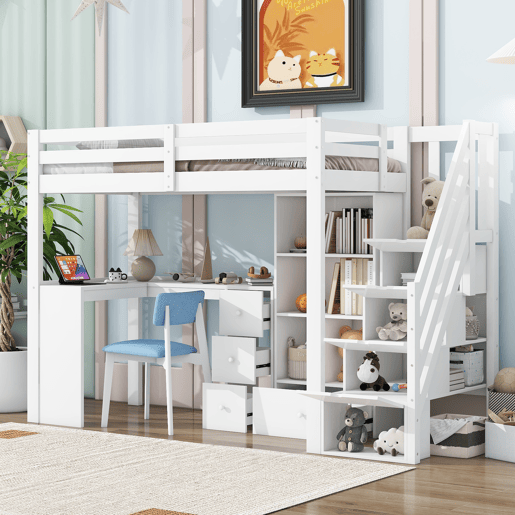 Cama alta de madeira 90x200 cm - com secretária e espaço de arrumação - Branco Cama alta de madeira 90x200 cm - com secretária e espaço de arrumação - Branco
