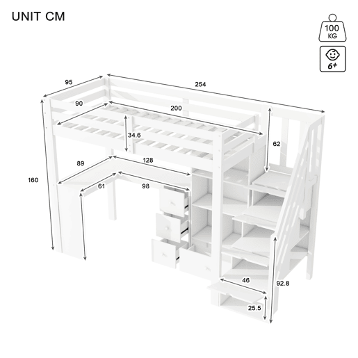 Cama alta de madeira 90x200 cm - com secretária e espaço de arrumação - Branco Cama alta de madeira 90x200 cm - com secretária e espaço de arrumação - Branco