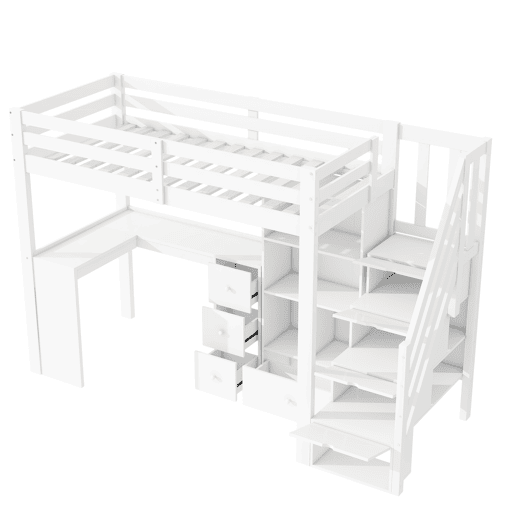 Cama alta de madeira 90x200 cm - com secretária e espaço de arrumação - Branco Cama alta de madeira 90x200 cm - com secretária e espaço de arrumação - Branco