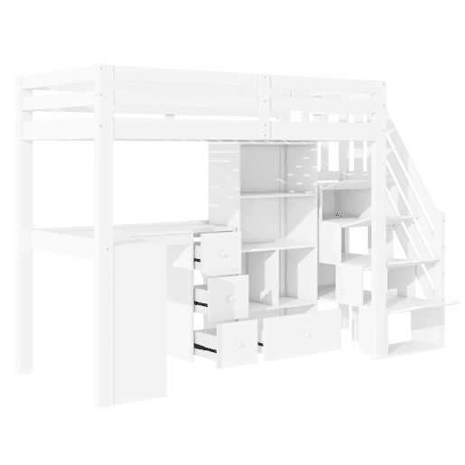 Cama alta de madeira 90x200 cm - com secretária e espaço de arrumação - Branco Cama alta de madeira 90x200 cm - com secretária e espaço de arrumação - Branco