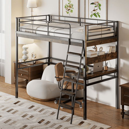 Cama mezzanine 90x200cm - com secretária + prateleiras + barreiras - Preto