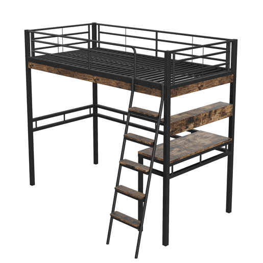 Cama mezzanine 90x200cm - com secretária + prateleiras + barreiras - Preto