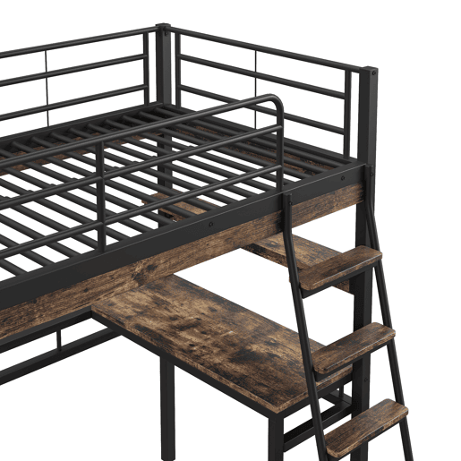 Cama mezzanine 90x200cm - com secretária + prateleiras + barreiras - Preto