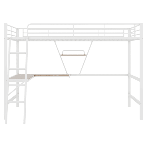 Cama alta 90x200 cm - Estrutura metálica, secretária em L, estante, sem colchão, branca Cama alta 90x200 cm - Estrutura metálica, secretária em L, estante, sem colchão, branca