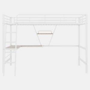 Cama alta 90x200 cm - Estrutura metálica, secretária em L, estante, sem colchão, branca