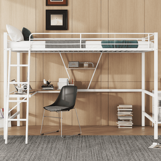 Cama alta 90x200 cm - Estrutura metálica, secretária em L, estante, sem colchão, branca Cama alta 90x200 cm - Estrutura metálica, secretária em L, estante, sem colchão, branca