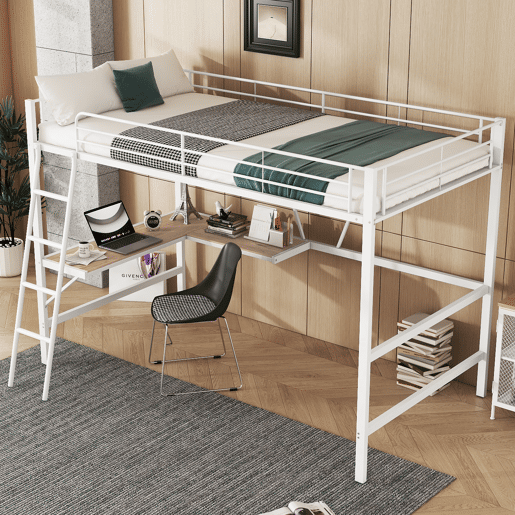Cama alta 90x200 cm - Estrutura metálica, secretária em L, estante, sem colchão, branca Cama alta 90x200 cm - Estrutura metálica, secretária em L, estante, sem colchão, branca