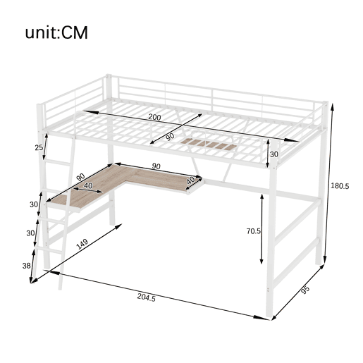 Cama alta 90x200 cm - Estrutura metálica, secretária em L, estante, sem colchão, branca Cama alta 90x200 cm - Estrutura metálica, secretária em L, estante, sem colchão, branca