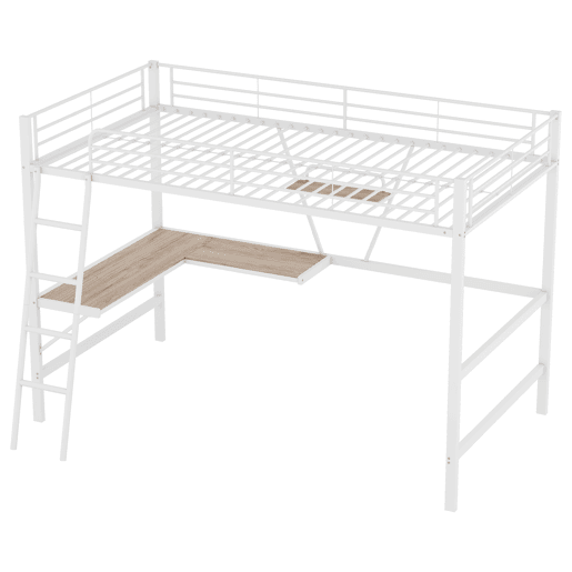 Cama alta 90x200 cm - Estrutura metálica, secretária em L, estante, sem colchão, branca Cama alta 90x200 cm - Estrutura metálica, secretária em L, estante, sem colchão, branca