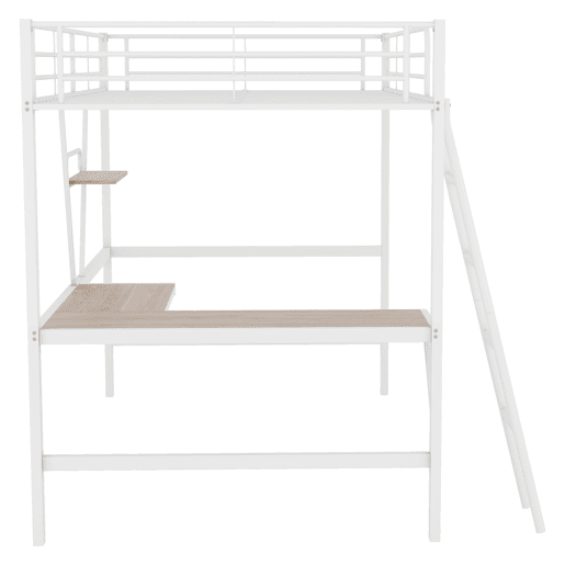 Cama alta 90x200 cm - Estrutura metálica, secretária em L, estante, sem colchão, branca Cama alta 90x200 cm - Estrutura metálica, secretária em L, estante, sem colchão, branca