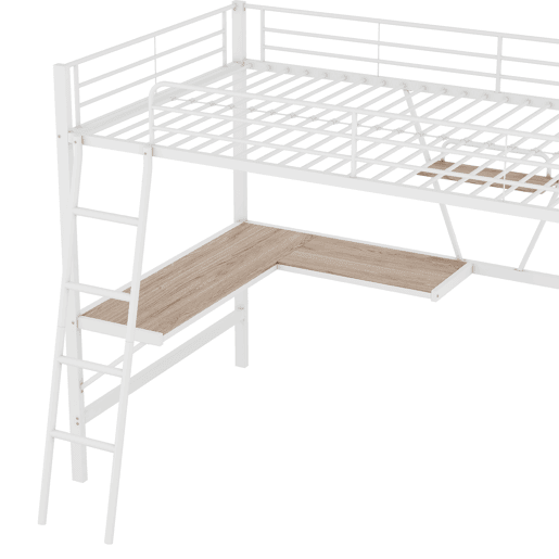 Cama alta 90x200 cm - Estrutura metálica, secretária em L, estante, sem colchão, branca Cama alta 90x200 cm - Estrutura metálica, secretária em L, estante, sem colchão, branca