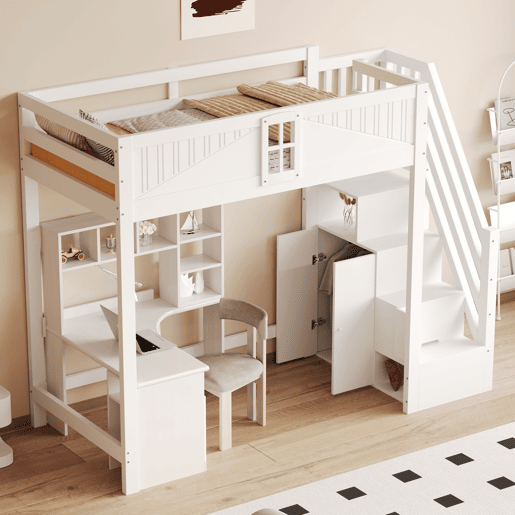 Cama alta em madeira maciça 90 x 200 cm - porta de segurança com janela, escada lateral com prateleiras intercambiáveis - branco Cama alta em madeira maciça 90 x 200 cm - porta de segurança com janela, escada lateral com prateleiras intercambiáveis - branco