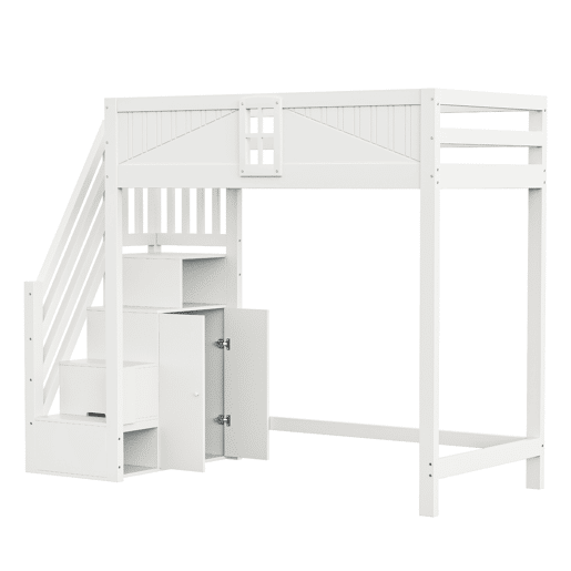Cama alta em madeira maciça 90 x 200 cm - porta de segurança com janela, escada lateral com prateleiras intercambiáveis - branco Cama alta em madeira maciça 90 x 200 cm - porta de segurança com janela, escada lateral com prateleiras intercambiáveis - branco