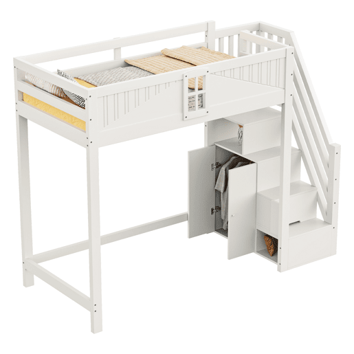 Cama alta em madeira maciça 90 x 200 cm - porta de segurança com janela, escada lateral com prateleiras intercambiáveis - branco Cama alta em madeira maciça 90 x 200 cm - porta de segurança com janela, escada lateral com prateleiras intercambiáveis - branco