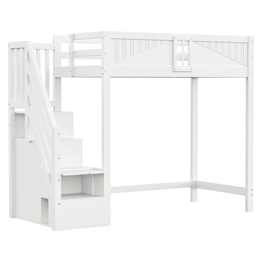 Cama alta em madeira maciça 90 x 200 cm - porta de segurança com janela, escada lateral com prateleiras intercambiáveis - branco Cama alta em madeira maciça 90 x 200 cm - porta de segurança com janela, escada lateral com prateleiras intercambiáveis - branco