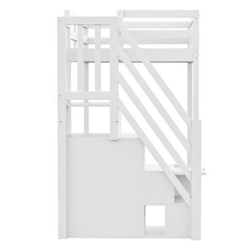 Cama alta em madeira maciça 90 x 200 cm - porta de segurança com janela, escada lateral com prateleiras intercambiáveis - branco Cama alta em madeira maciça 90 x 200 cm - porta de segurança com janela, escada lateral com prateleiras intercambiáveis - branco