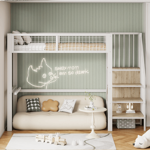 Cama alta 90*200 - com escada, estrutura metálica e prateleira de arrumação, armário - Branco