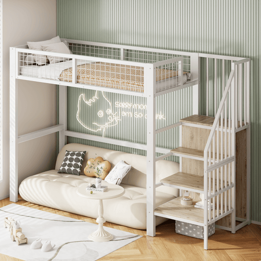 Cama alta 90*200 - com escada, estrutura metálica e prateleira de arrumação, armário - Branco