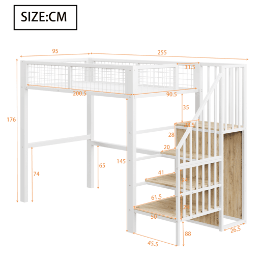Cama alta 90*200 - com escada, estrutura metálica e prateleira de arrumação, armário - Branco