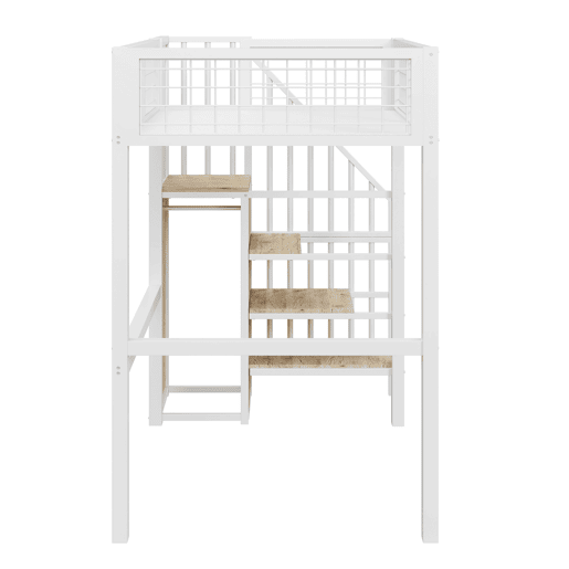 Cama alta 90*200 - com escada, estrutura metálica e prateleira de arrumação, armário - Branco