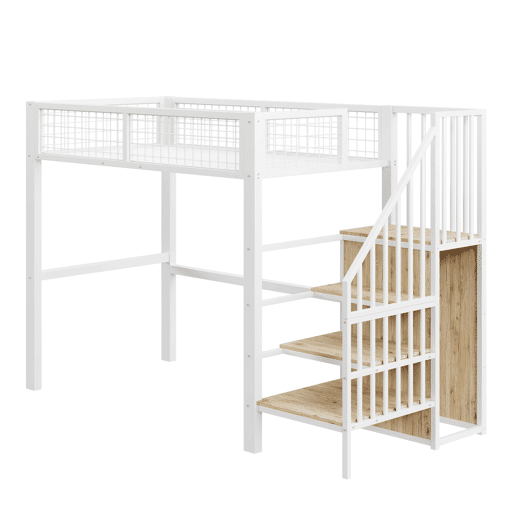 Cama alta 90*200 - com escada, estrutura metálica e prateleira de arrumação, armário - Branco