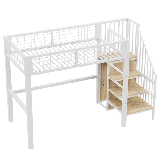 Cama alta 90*200 - com escada, estrutura metálica e prateleira de arrumação, armário - Branco