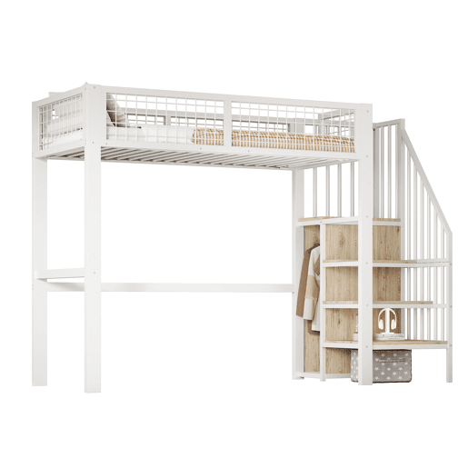 Cama alta 90*200 - com escada, estrutura metálica e prateleira de arrumação, armário - Branco