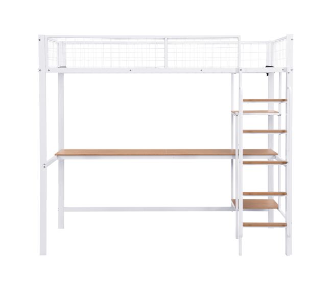 Cama litera 90x200cm - con mesa y estanterías, 5 peldaños, con protección contra caídas - blanco+natural