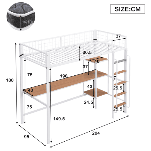 Beliche 90x200cm - Com mesa e prateleiras, 5 degraus, com proteção contra quedas - Branco+Natural Beliche 90x200cm - Com mesa e prateleiras, 5 degraus, com proteção contra quedas - Branco+Natural