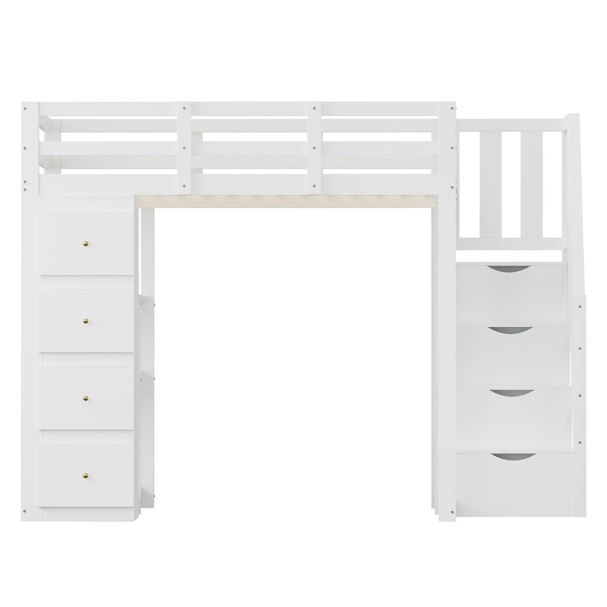 Cama alta 140 x 200 cm - madera maciza multifuncional con cajones, cómoda con estantes y escalera segura - blanco