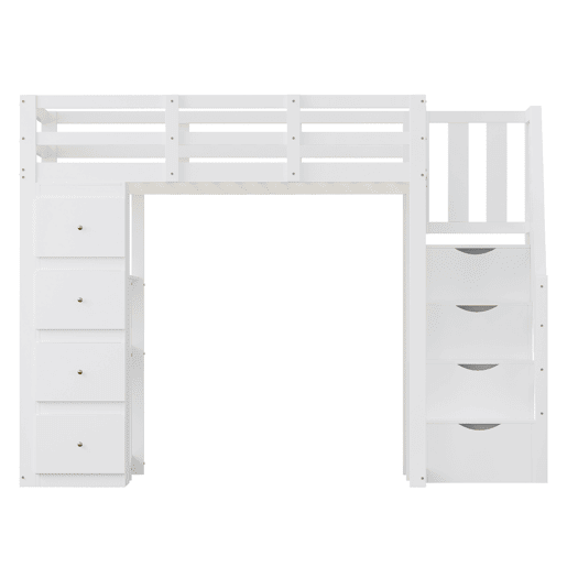 Cama alta 140 x 200 cm - madeira maciça multifuncional com gavetas, cómoda com prateleiras e escada segura - branco Cama alta 140 x 200 cm - madeira maciça multifuncional com gavetas, cómoda com prateleiras e escada segura - branco